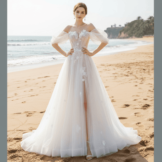 Off Shoulder Dot Tulle A-line Country Wedding Dress with Leg Slit - Rosymae