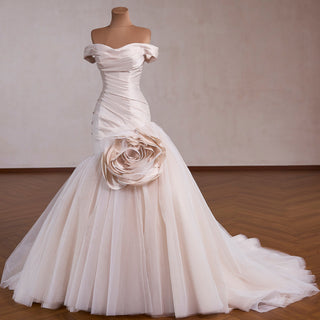 Off Shoulder Dropped-Waist Satin Mermaid Wedding Dress with 3D Fabric Rosette - Rosymae
