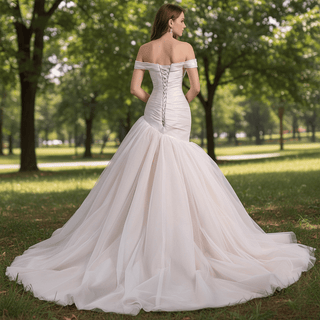 Off Shoulder Dropped-Waist Satin Mermaid Wedding Dress with 3D Fabric Rosette - Rosymae