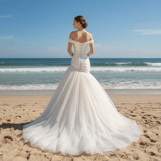 Off Shoulder Dropped-Waist Satin Mermaid Wedding Dress with 3D Fabric Rosette - Rosymae