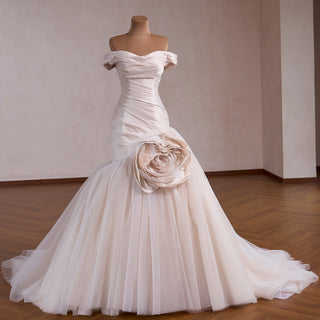 Off Shoulder Dropped-Waist Satin Mermaid Wedding Dress with 3D Fabric Rosette - Rosymae