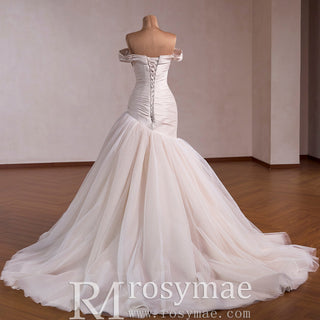 Off Shoulder Dropped-Waist Satin Mermaid Wedding Dress with 3D Fabric Rosette - Rosymae