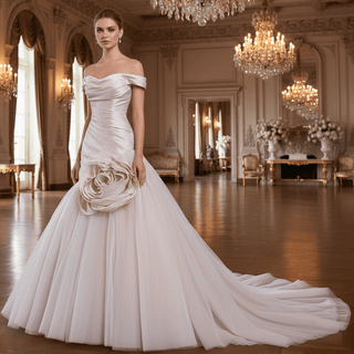 Off Shoulder Dropped-Waist Satin Mermaid Wedding Dress with 3D Fabric Rosette - Rosymae