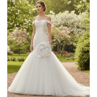 Off Shoulder Dropped-Waist Satin Mermaid Wedding Dress with 3D Fabric Rosette - Rosymae