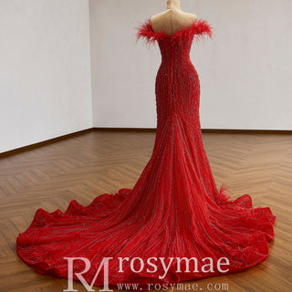 Off-Shoulder Feather Trim Pearl Beaded Mermaid Wedding Gown with Ruffled Hem