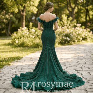 Off-Shoulder Feather Trim Pearl Beaded Mermaid Wedding Gown with Ruffled Hem