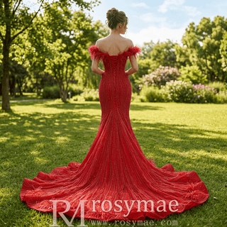 Off-Shoulder Feather Trim Pearl Beaded Mermaid Wedding Gown with Ruffled Hem