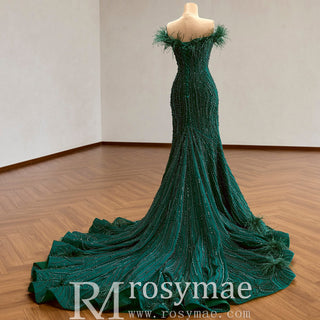 Off-Shoulder Feather Trim Pearl Beaded Mermaid Wedding Gown with Ruffled Hem