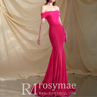 Hot Pink Velvet Off the Shoulder Mermaid Formal Dress Party Dress