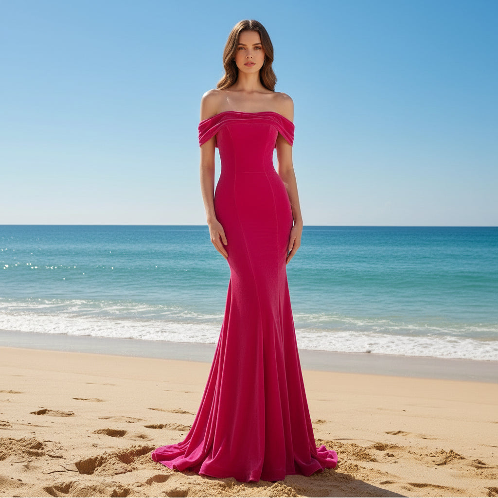 hot pink off the shoulder dress Hot Pink Velvet Off the Shoulder Mermaid Formal Dress Party Dress Hot Pink / 12