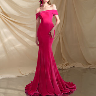 Hot Pink Velvet Off the Shoulder Mermaid Formal Dress Party Dress