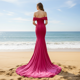 Hot Pink Velvet Off the Shoulder Mermaid Formal Dress Party Dress