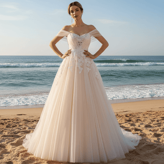 Off Shoulder Floral Lace Ball Gown Bridal Wedding Dress Cathedral Train - Rosymae