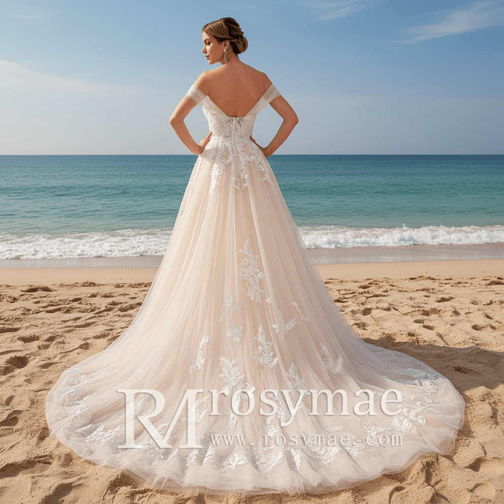 Off Shoulder Floral Lace Ball Gown Bridal Wedding Dress Cathedral Train - Rosymae