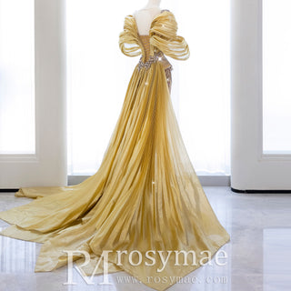 Sparkly Gold Evening Dress Party Gown with Off Shoulder Sleeve