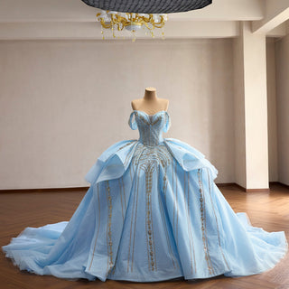 Off-Shoulder Gold Sequin Quinceanera Dress with Ruffled Peplum Oversized Back Bow
