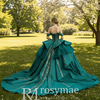 Off-Shoulder Gold Sequin Quinceanera Dress with Ruffled Peplum Oversized Back Bow