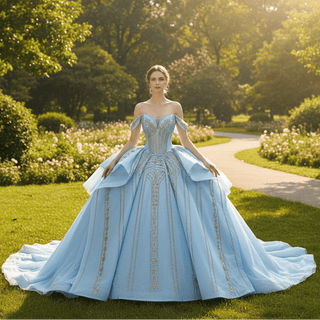 Off-Shoulder Gold Sequin Quinceanera Dress with Ruffled Peplum Oversized Back Bow