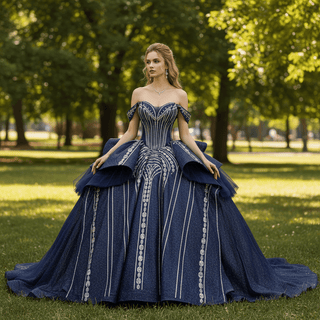 Off-Shoulder Gold Sequin Quinceanera Dress with Ruffled Peplum Oversized Back Bow