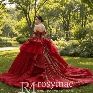 Off-Shoulder Gold Sequin Quinceanera Dress with Ruffled Peplum Oversized Back Bow