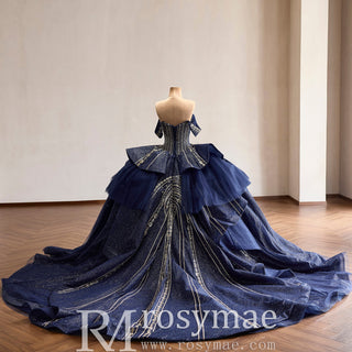 Off-Shoulder Gold Sequin Quinceanera Dress with Ruffled Peplum Oversized Back Bow