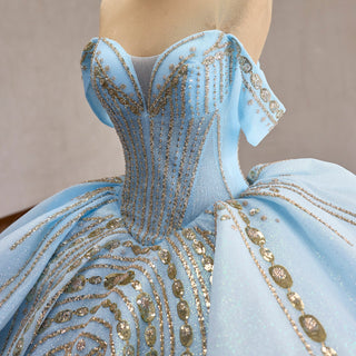 Off-Shoulder Gold Sequin Quinceanera Dress with Ruffled Peplum Oversized Back Bow