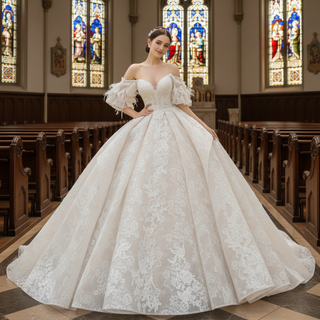 Boho Off Shoulder Lace Wedding Dress with Puffy and Big Train