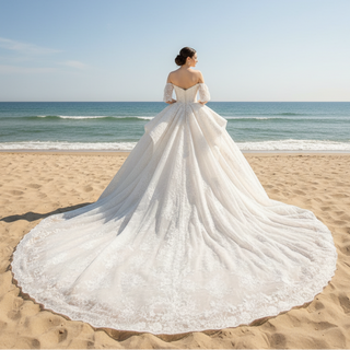 Boho Off Shoulder Lace Wedding Dress with Puffy and Big Train