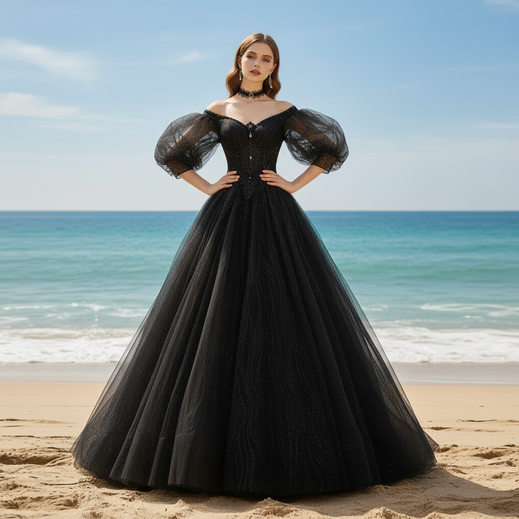 Little Black Bridal Gown Wedding Dress with Half and Puffy Sleeve Black / 20W Little Black Bridal Gown Wedding Dress with Half and Puffy Sleeve Black / 20W