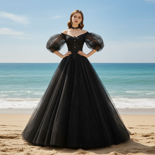 Little Black Bridal Gown Wedding Dress with Half and Puffy Sleeve