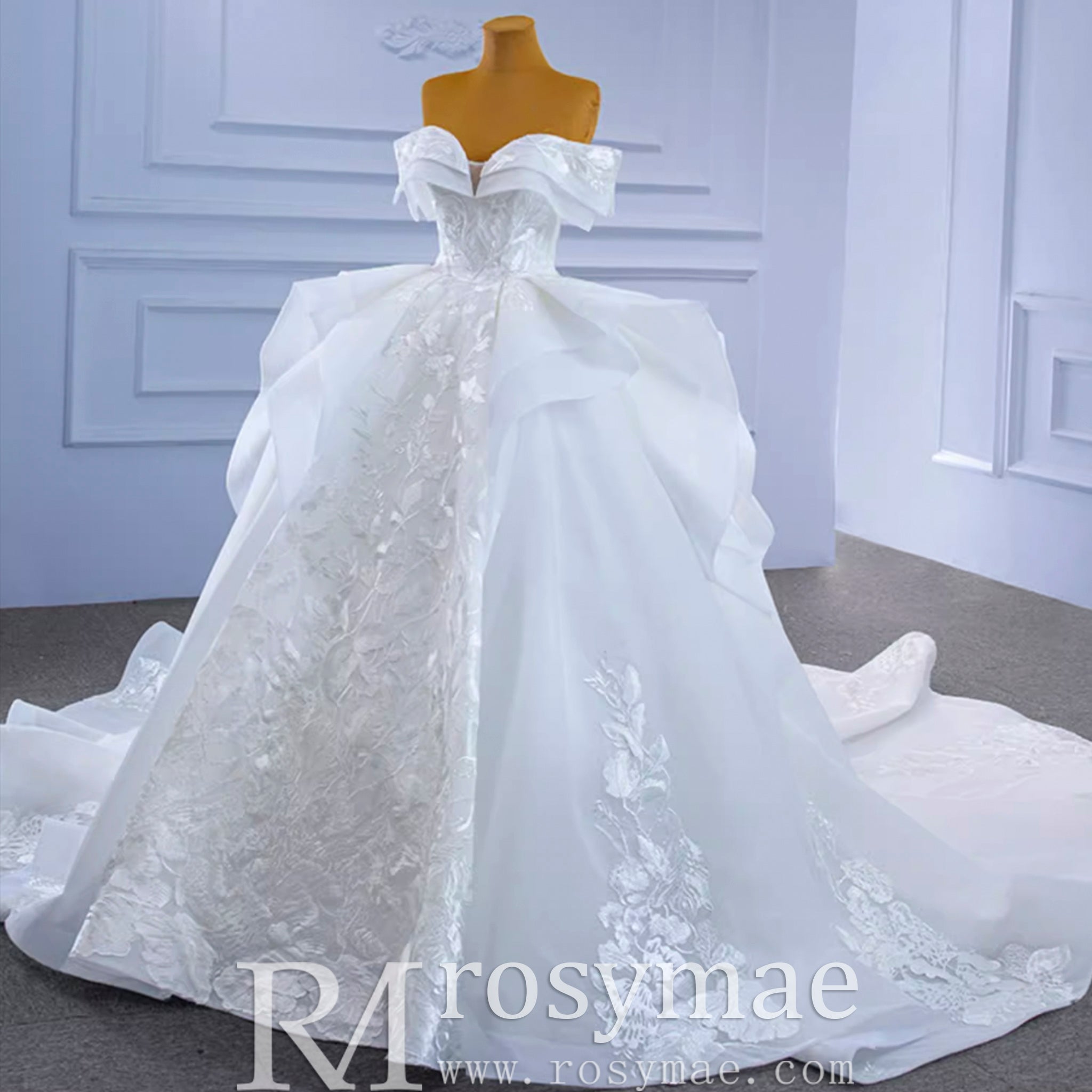 Off Shoulder Lace Applique Wedding Gown Puffy Wedding Dress - Rosymae