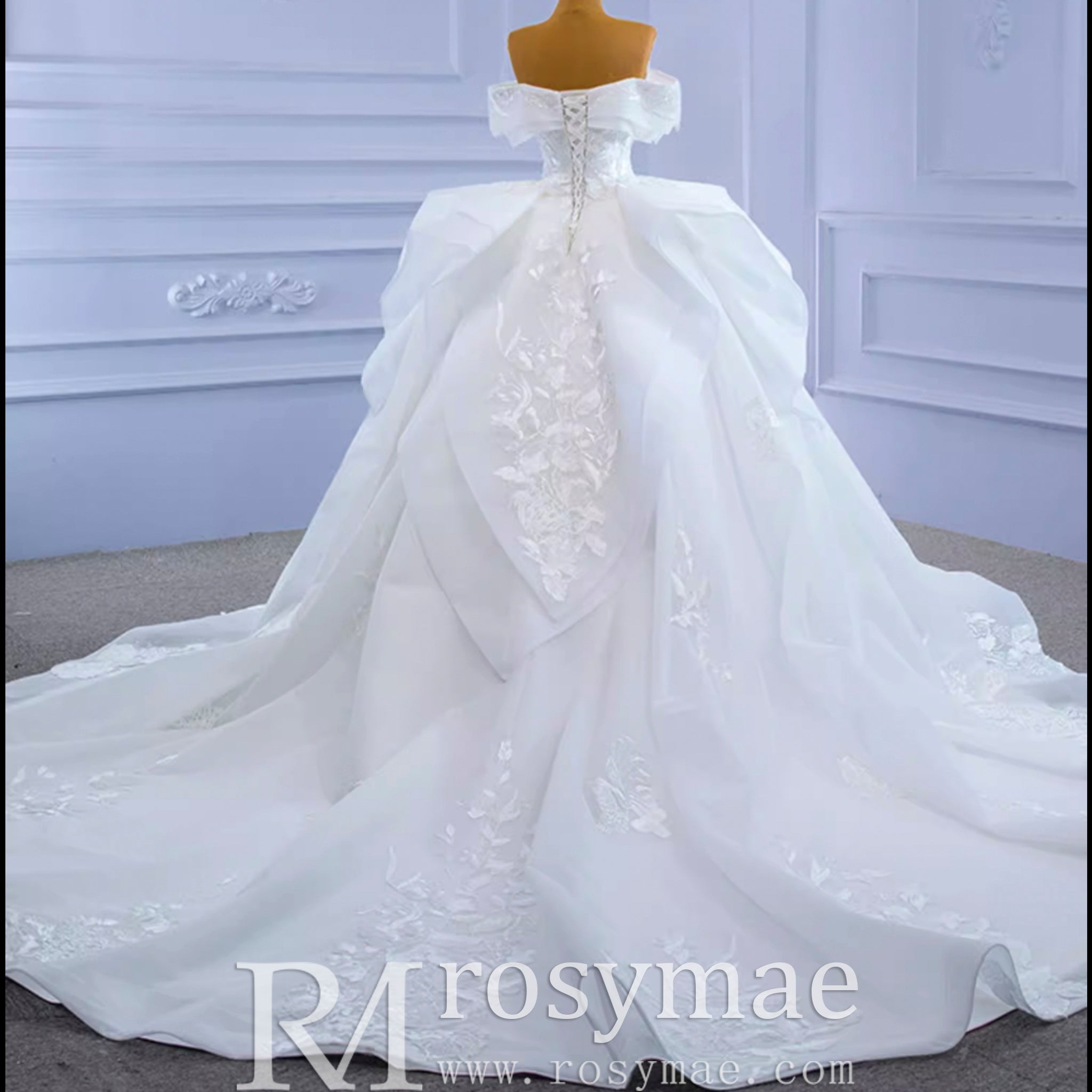 Off Shoulder Lace Applique Wedding Gown Puffy Wedding Dress - Rosymae