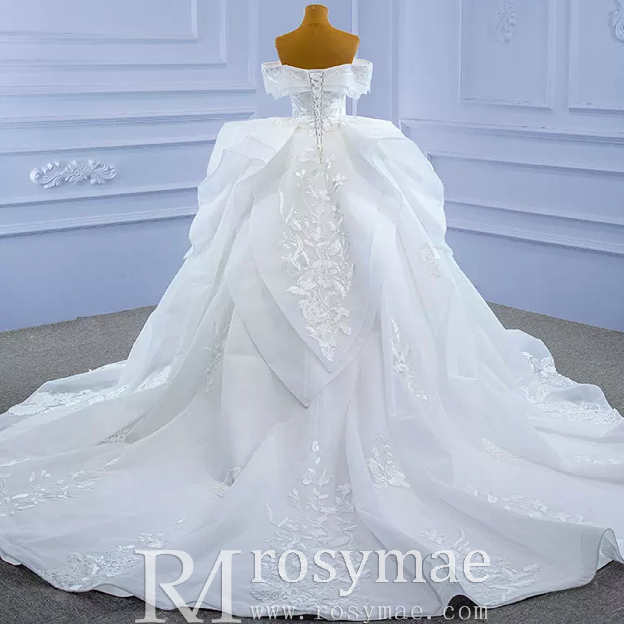 Off Shoulder Lace Applique Wedding Gown Puffy Wedding Dress - Rosymae