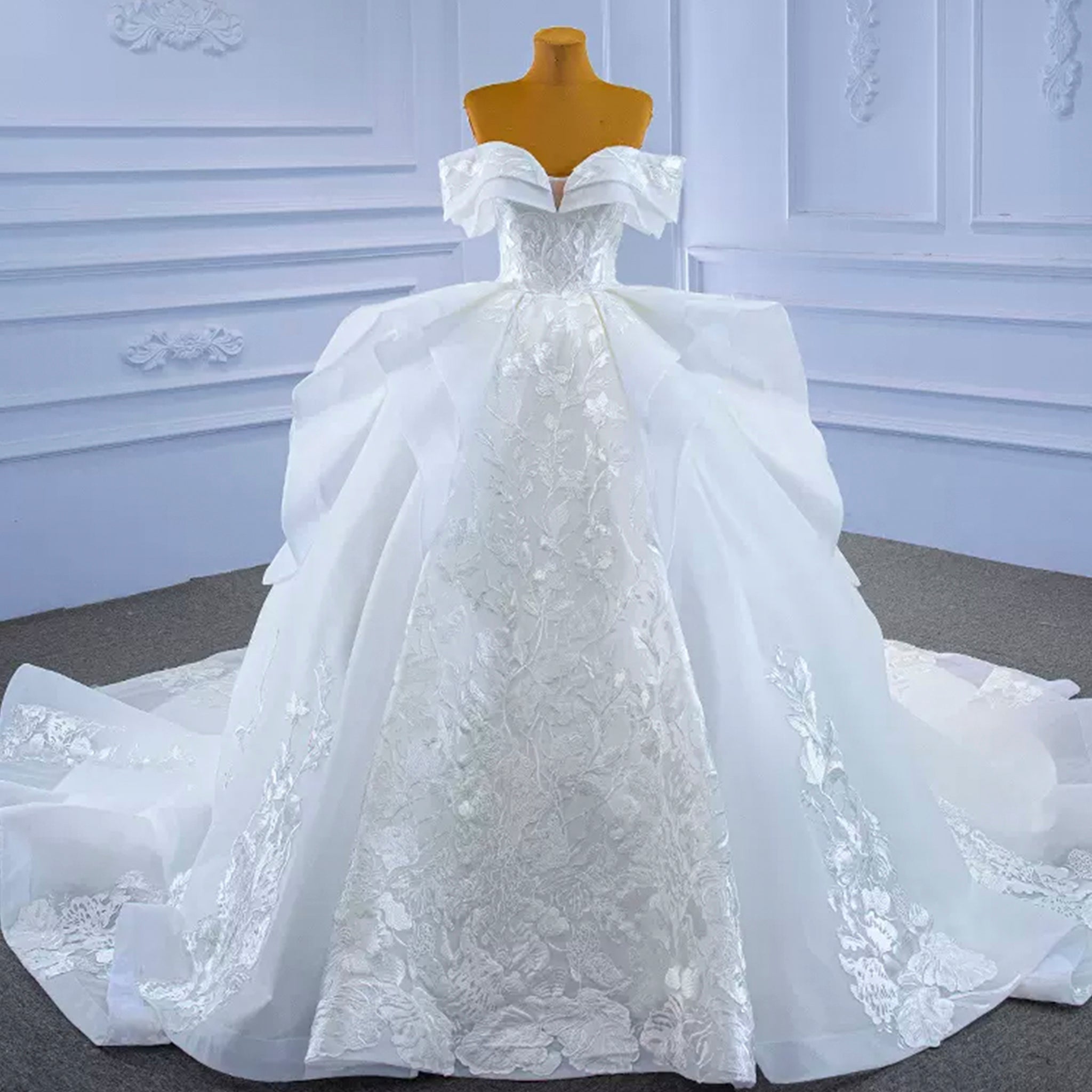 Off Shoulder Lace Applique Wedding Gown Puffy Wedding Dress - Rosymae