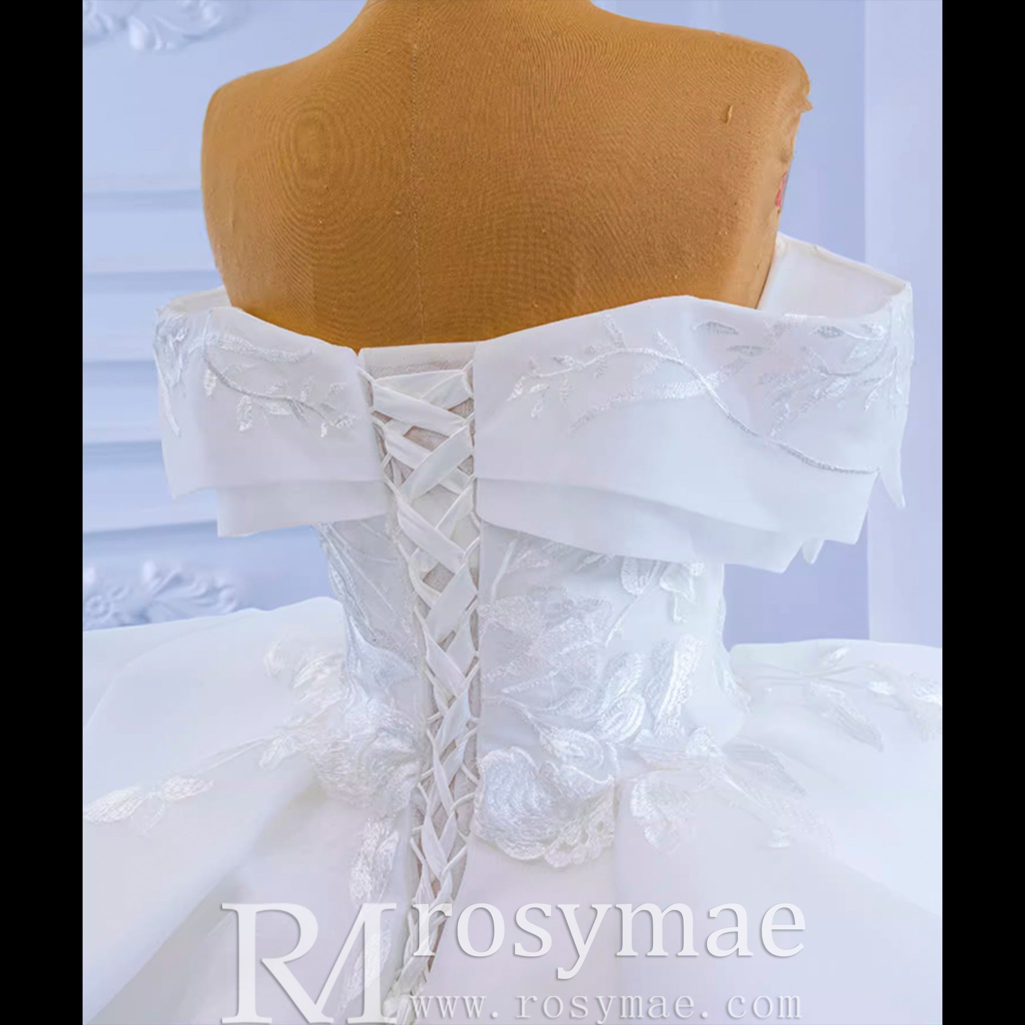Off Shoulder Lace Applique Wedding Gown Puffy Wedding Dress - Rosymae