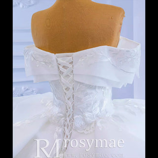 Off Shoulder Lace Applique Wedding Gown Puffy Wedding Dress - Rosymae