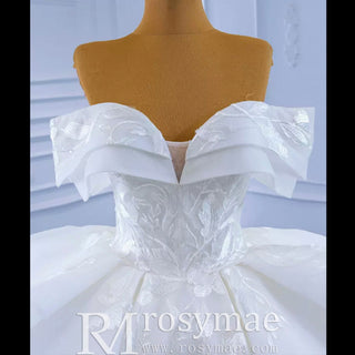 Off Shoulder Lace Applique Wedding Gown Puffy Wedding Dress - Rosymae