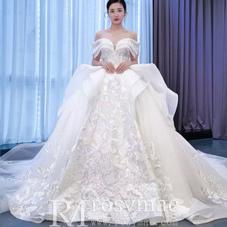 Off Shoulder Lace Applique Wedding Gown Puffy Wedding Dress - Rosymae