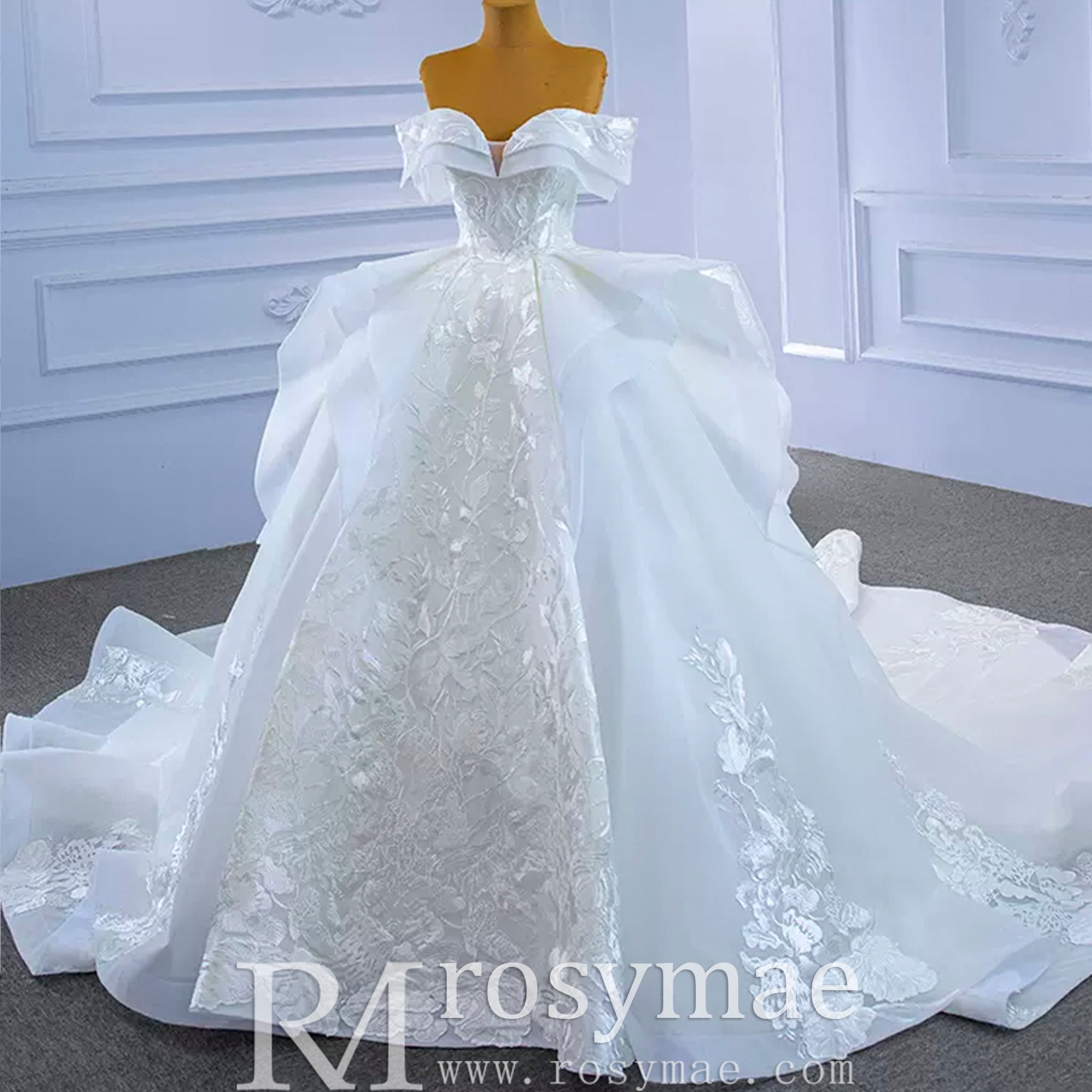 Off Shoulder Lace Applique Wedding Gown Puffy Wedding Dress - Rosymae