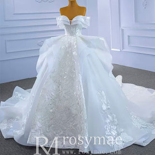 Off Shoulder Lace Applique Wedding Gown Puffy Wedding Dress - Rosymae