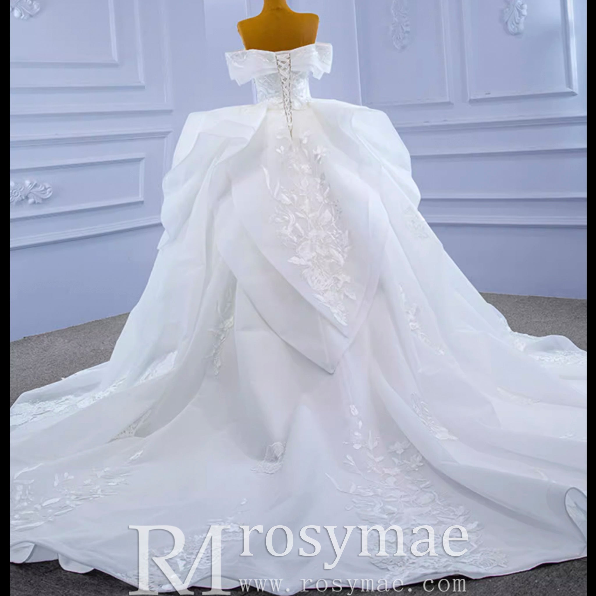Off Shoulder Lace Applique Wedding Gown Puffy Wedding Dress - Rosymae