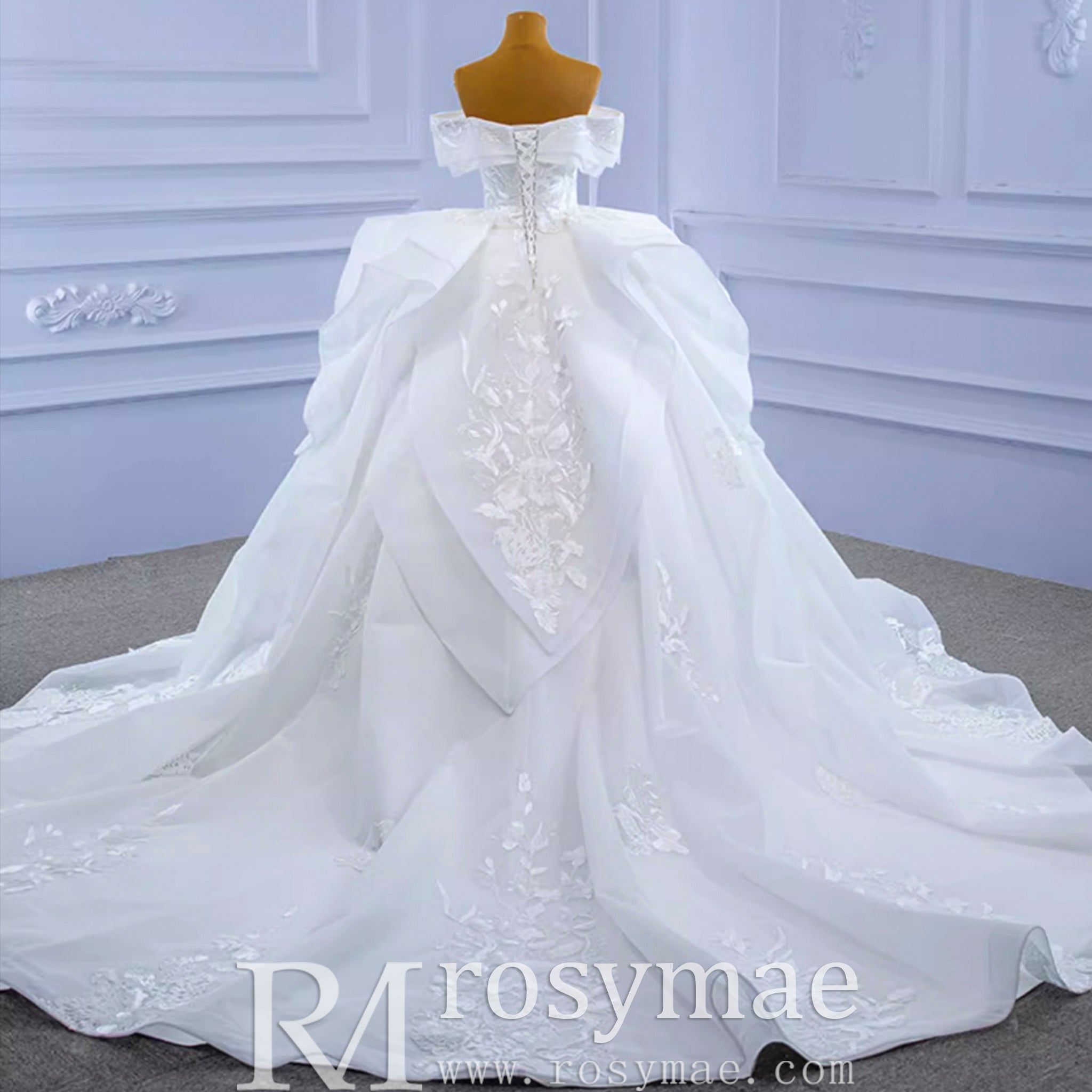 Off Shoulder Lace Applique Wedding Gown Puffy Wedding Dress - Rosymae
