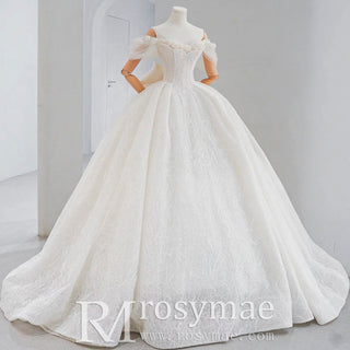Off Shoulder Ball Gown Lace Wedding Dresses with Flowers