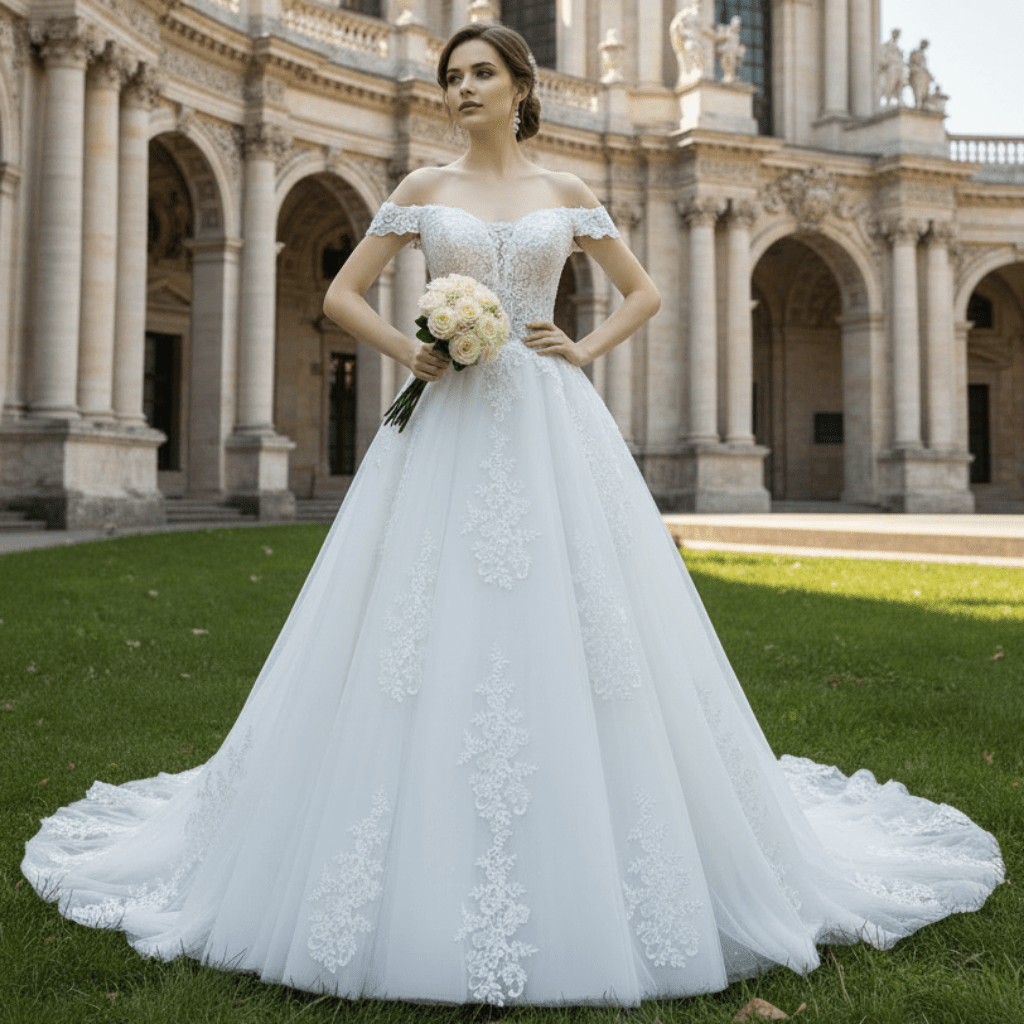 Off Shoulder Lace Tulle A-line Bridal Gown Wedding Dress Long Train - Rosymae
