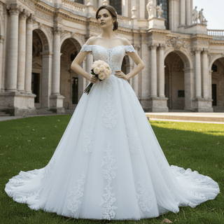 Off Shoulder Lace Tulle A-line Bridal Gown Wedding Dress Long Train - Rosymae