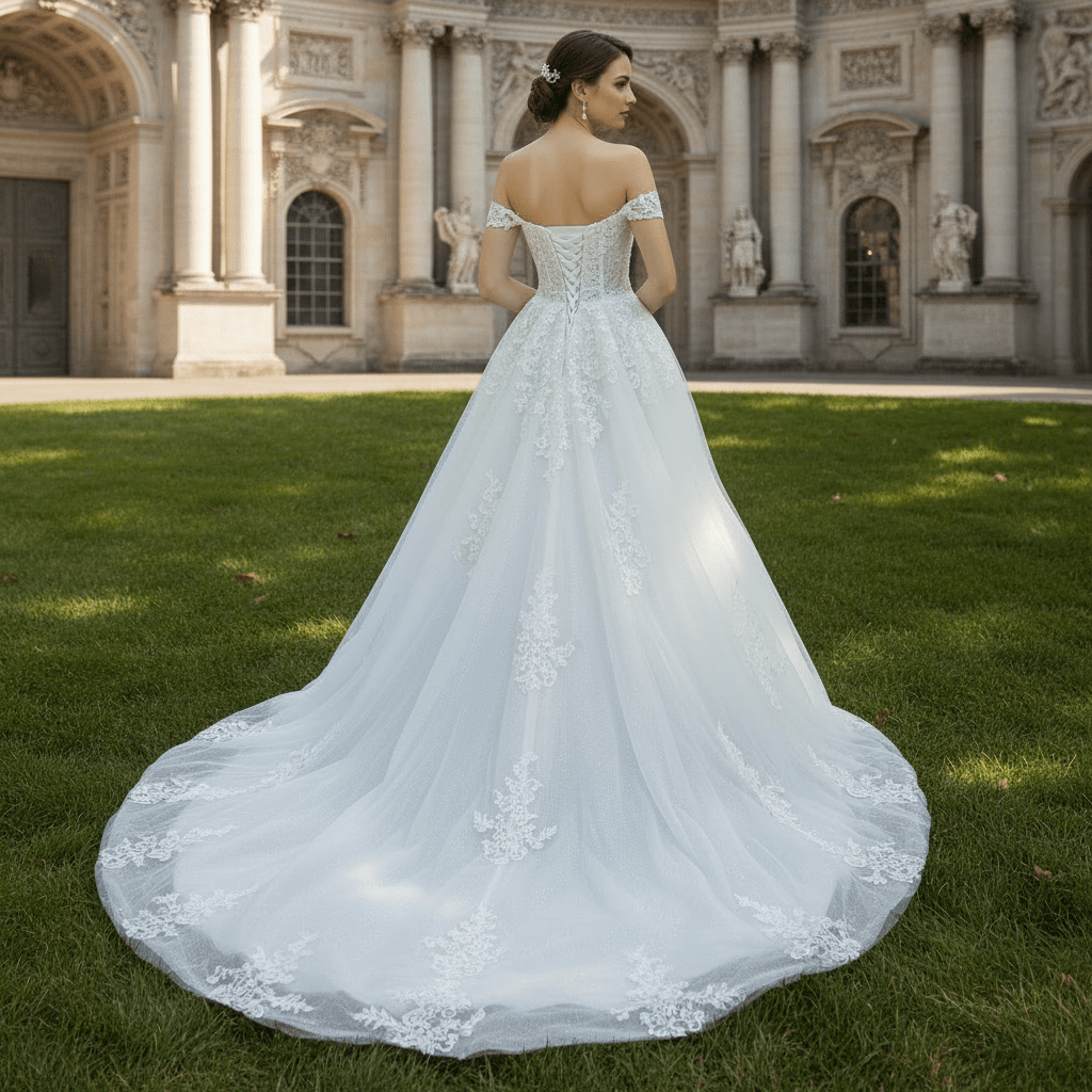 Off Shoulder Lace Tulle A-line Bridal Gown Wedding Dress Long Train - Rosymae