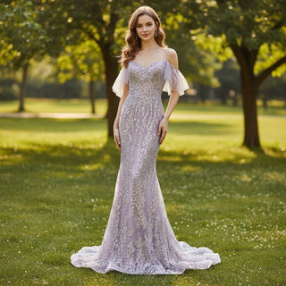 Off Shoulder Light Purple Sparkly Evening Dress Party Gown - Rosymae