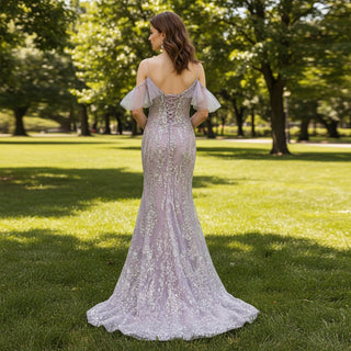 Off Shoulder Light Purple Sparkly Evening Dress Party Gown - Rosymae