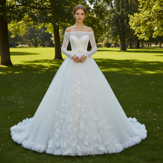 Off the Shoulder Long Sleeve Ball Gown Wedding Dress
