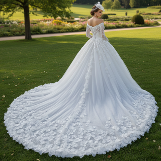 Off the Shoulder Long Sleeve Ball Gown Wedding Dress